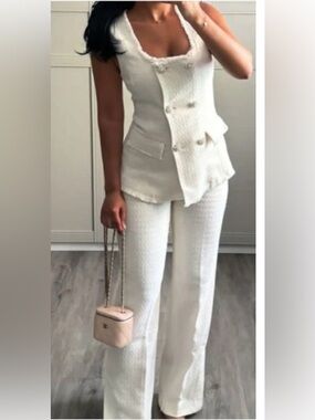 Zara Tweed Textured Off-White Vest and Wide-Leg Pants Set , both Medium